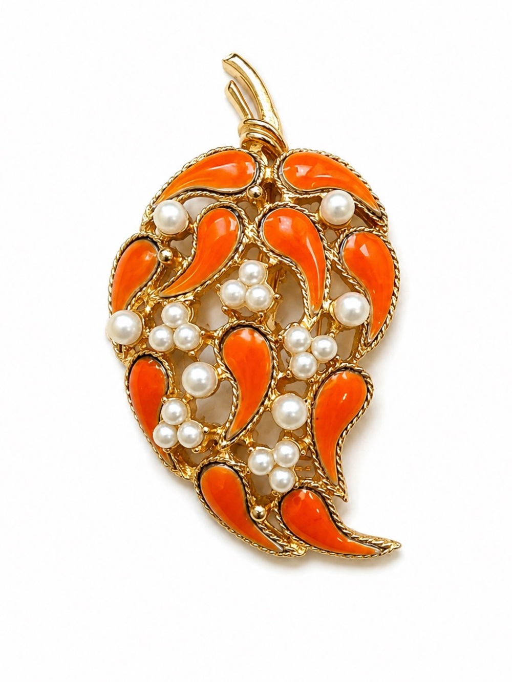 Gold-Tone Lucite Orange/ Coral Enamel & Pearl Leaf Brooch - Women Jewelry